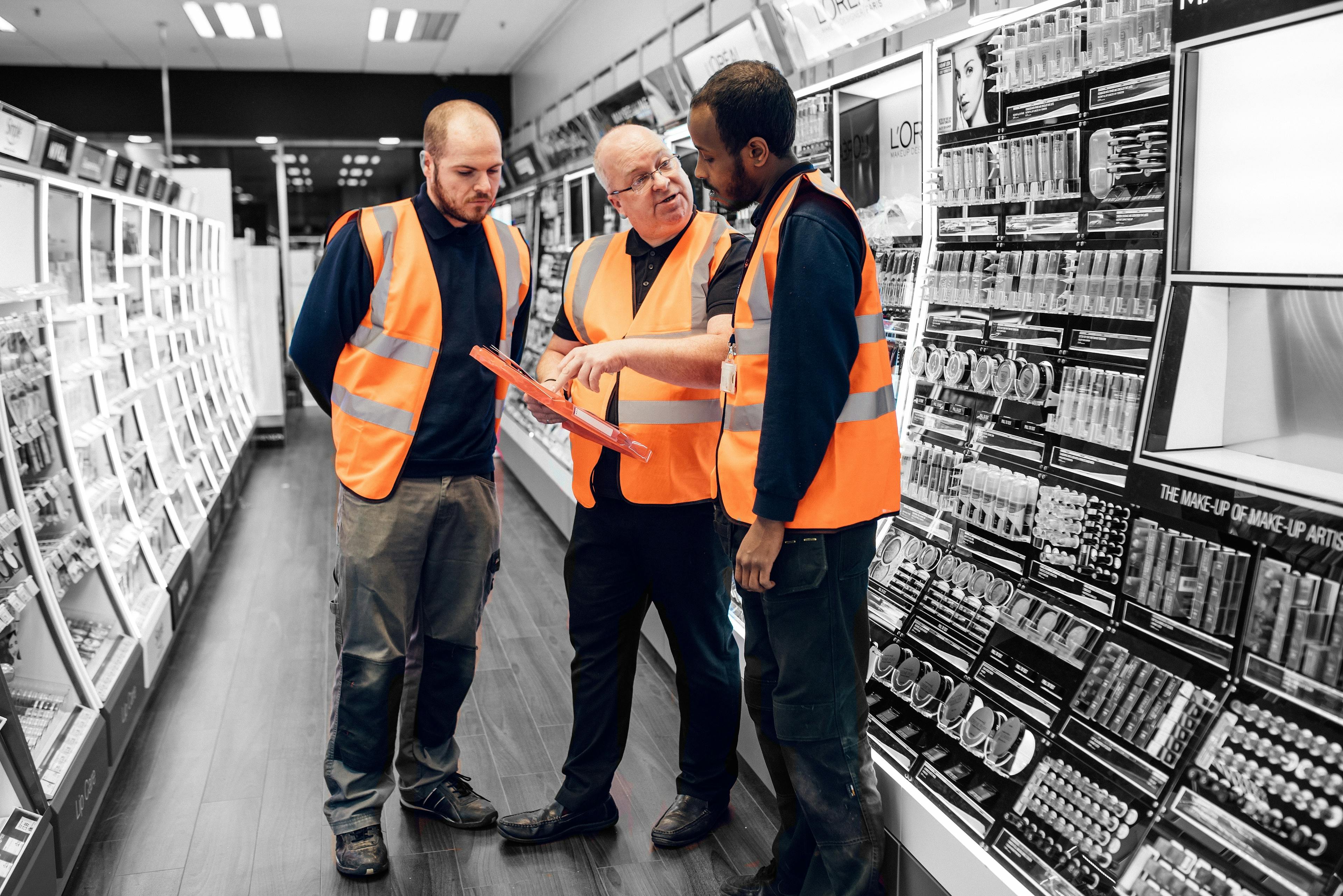 Three workers in a retail store in conversation looking at a clipboard